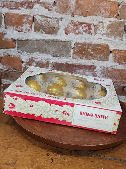 Vintage Shiny Brite 12 2 1/4" Glass Ornaments Gold Snow Capped With Mica bo191