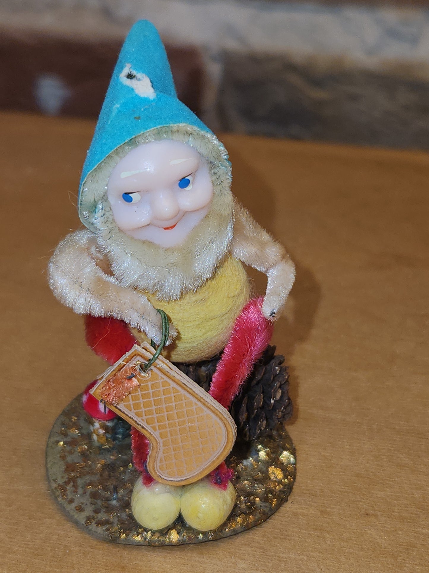 Vintage Spun Cotton Dwarf or Elf with Stockings Chinelle Pinecone and Mushroom Japan elf2