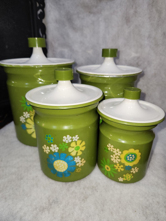 Vintage Kromex Floral Metal Canister Set 4 Avocado green. Can78