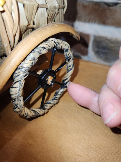 Vintage Bethany Lowe Santa Claus Wearing Wool in a Woven Sleigh With Toys AS IS s90