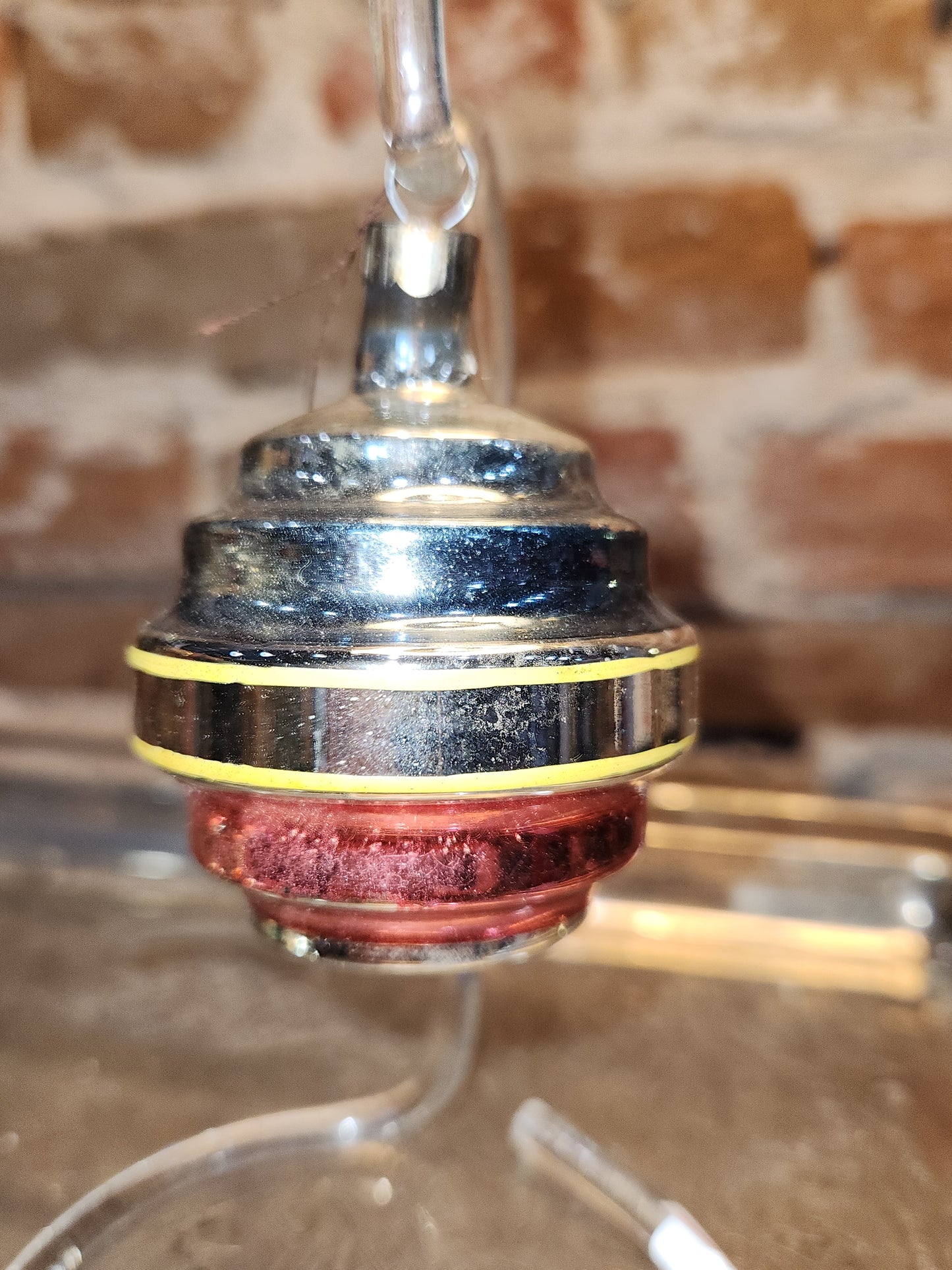 Vintage Glass Wine Keg or Satellite Flat-Bottom Ornament Blue, Yellow, Pink Likely Shiny Brite Made In USofA AS IS O3