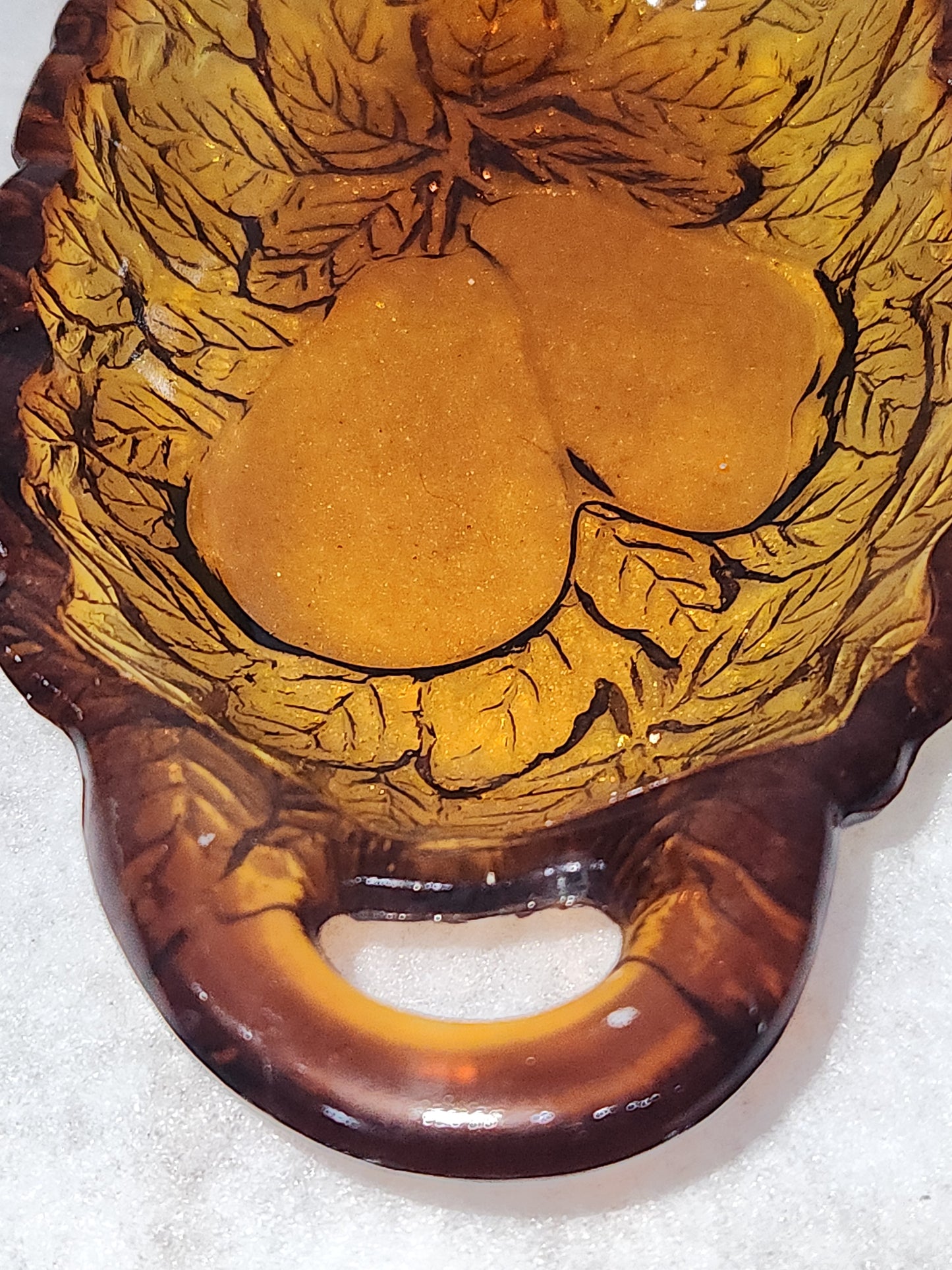 Vintage Oblong Amber Glass Pear & Leaves Serving Dish