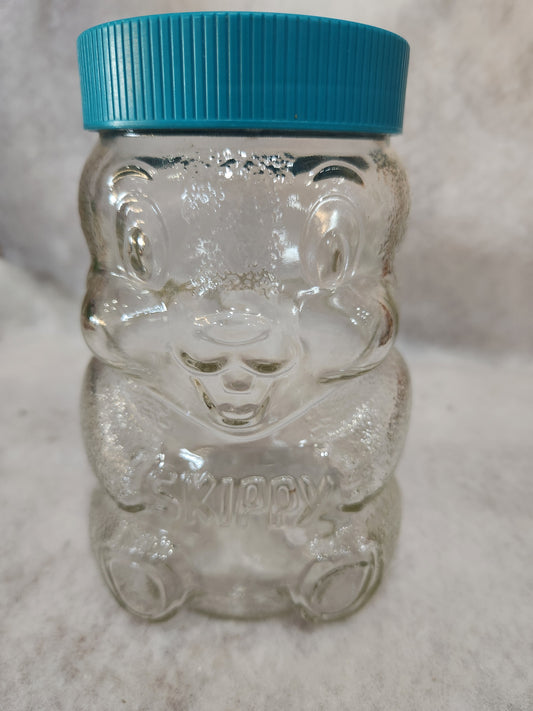 Vintage 1990 Skippy Peanut Butter- Beaver Glass Jar Bank- 100th Anniversary turquoise lid skj1