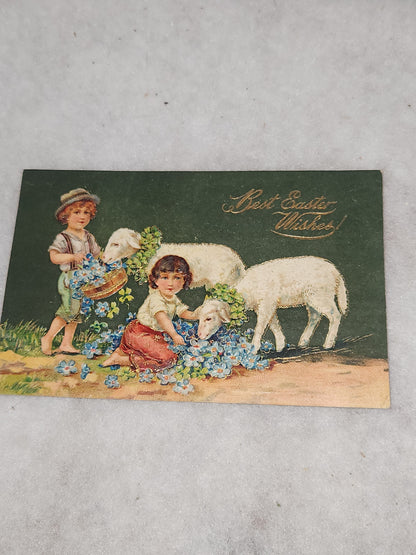Vintage Embossed Easter Postcard Children Lamb Flower Best Easter Wishes Made in Germany pc12
