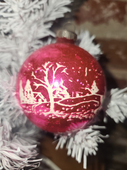 Vintage Shiny Brite Hot Pink Stenciled Ice Skating Glass Ball Ornament GLOWS vo8