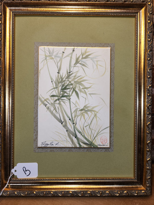 Vintage Peggy Pai Laughlin Framed Mixed Medium Painting B Hawaii Bamboo Dedicated by Artist 9 x 12 Frame