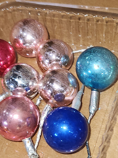 Vintage Mercury Glass Ball Ornament on Picks or Stems Assorted Colors and Sizes 1" to 1 1/2" Set of 19 mg6