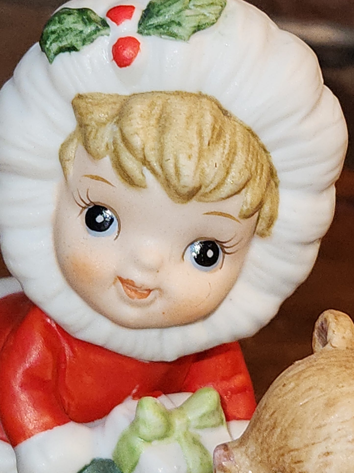 Vintage Lefton Christmas Figurines Girl Holding Gifts And Bear ch6