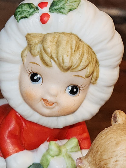 Vintage Lefton Christmas Figurines Girl Holding Gifts And Bear ch6