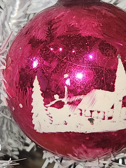 Vintage Shiny Brite Hot Pink Stenciled Church Glass Ornament GLOWS vo17