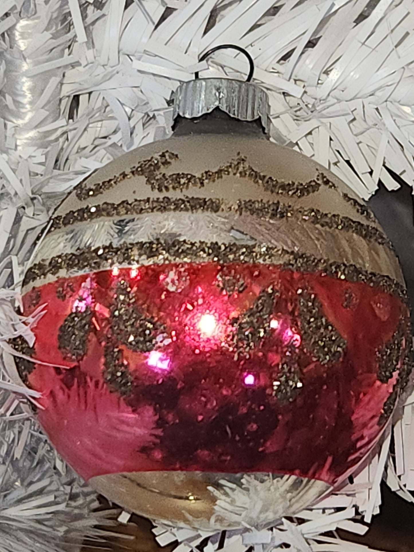 Vintage Mercury Glass Christmas Ornament Silver Pink and Black Mica Scroll GLOWS vo15