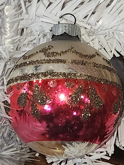 Vintage Mercury Glass Christmas Ornament Silver Pink and Black Mica Scroll GLOWS vo15