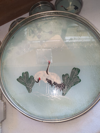 Vintage glass serving tray made in Japan with sandhill cranes on it includes five coasters