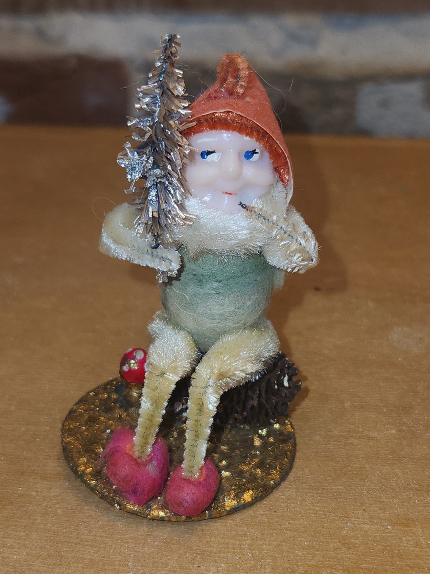Vintage Spun Cotton Dwarf or Elf with Chinelle Bottle Brush Tree Pinecone and Mushroom Japan elf11