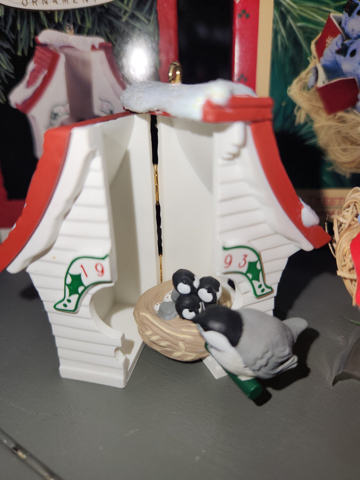 Three Vintage Hallmark Keepsake Ornaments 1986 Treetop Trio  1993 Peep Inside Birdhouse  1992 Egg Nog Nest