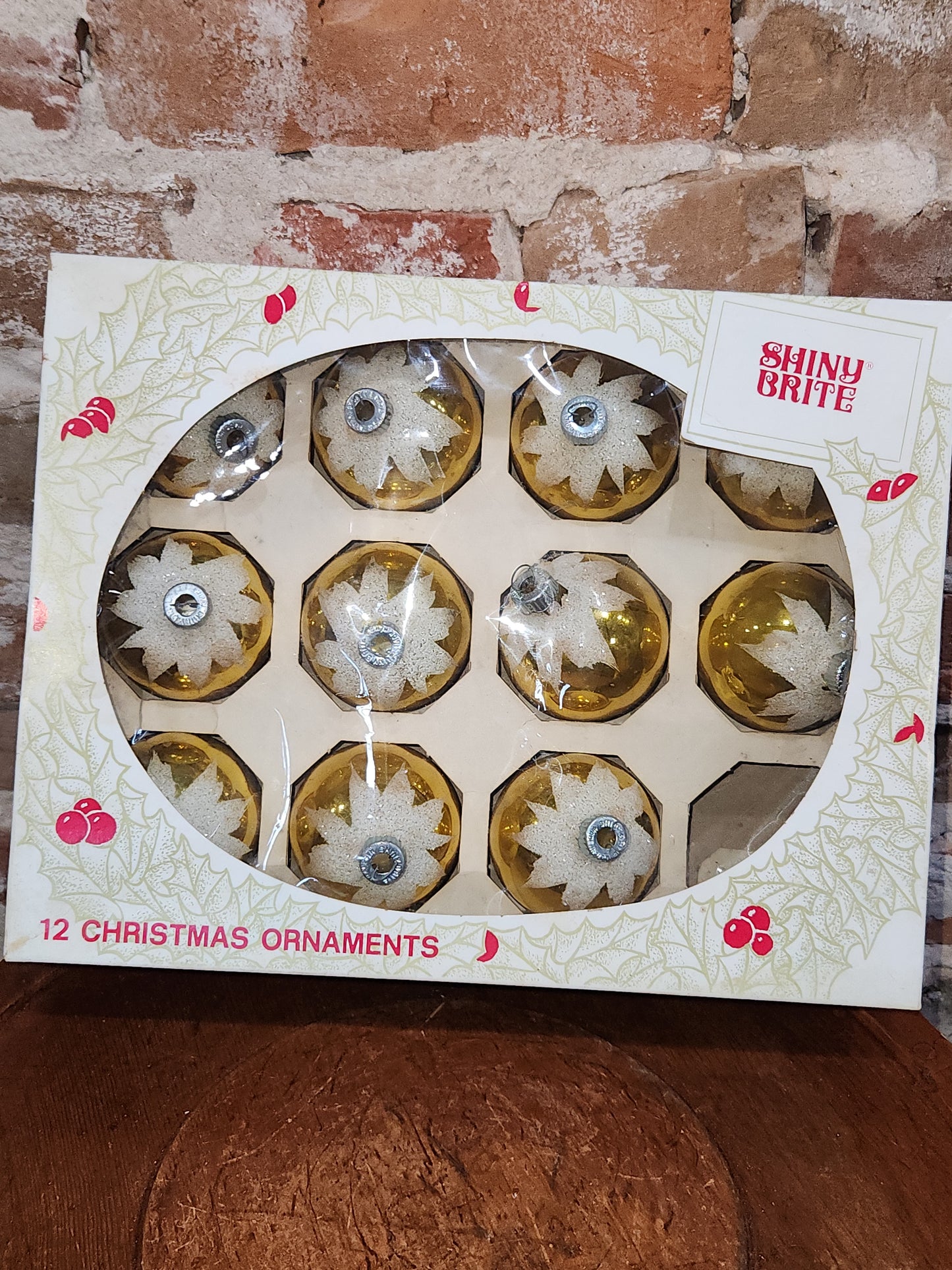 Vintage Shiny Brite ELEVEN 2 1/4" Glass Ornaments Gold Snow Capped With Mica ONE MISSING bo192