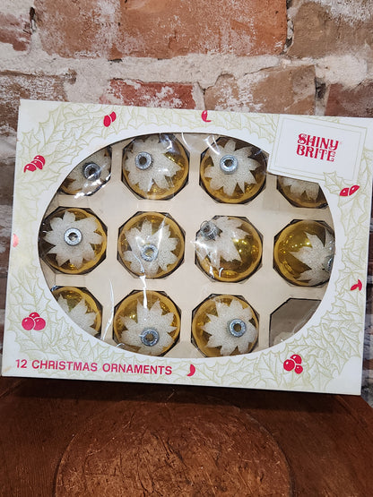 Vintage Shiny Brite ELEVEN 2 1/4" Glass Ornaments Gold Snow Capped With Mica ONE MISSING bo192