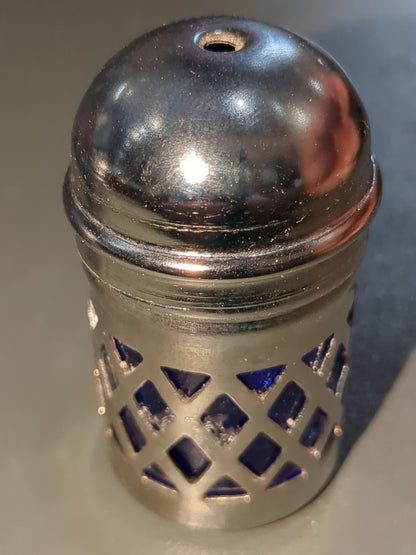Silver and cobalt Blue glass and metal Lattice Salt and Pepper Shakers
