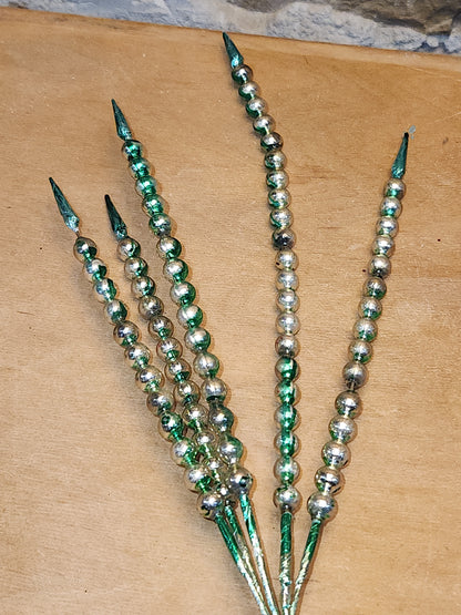 Vintage Mercury Glass Bead Picks Silver Green Beads with Spikes Stems Picks