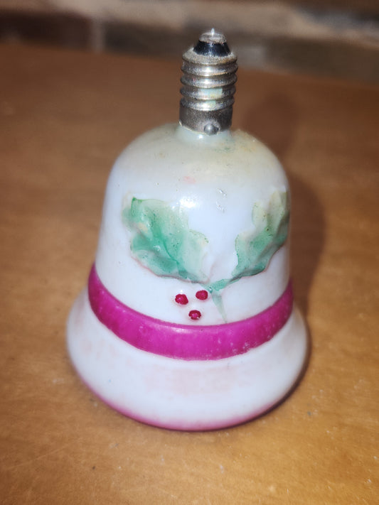 Vintage Bell Light Bulb Christmas Tree Ornament Holly Red Berries Pink Stripe LO1