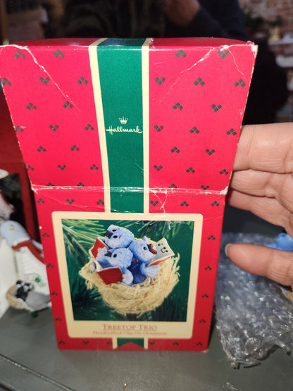 Three Vintage Hallmark Keepsake Ornaments 1986 Treetop Trio  1993 Peep Inside Birdhouse  1992 Egg Nog Nest