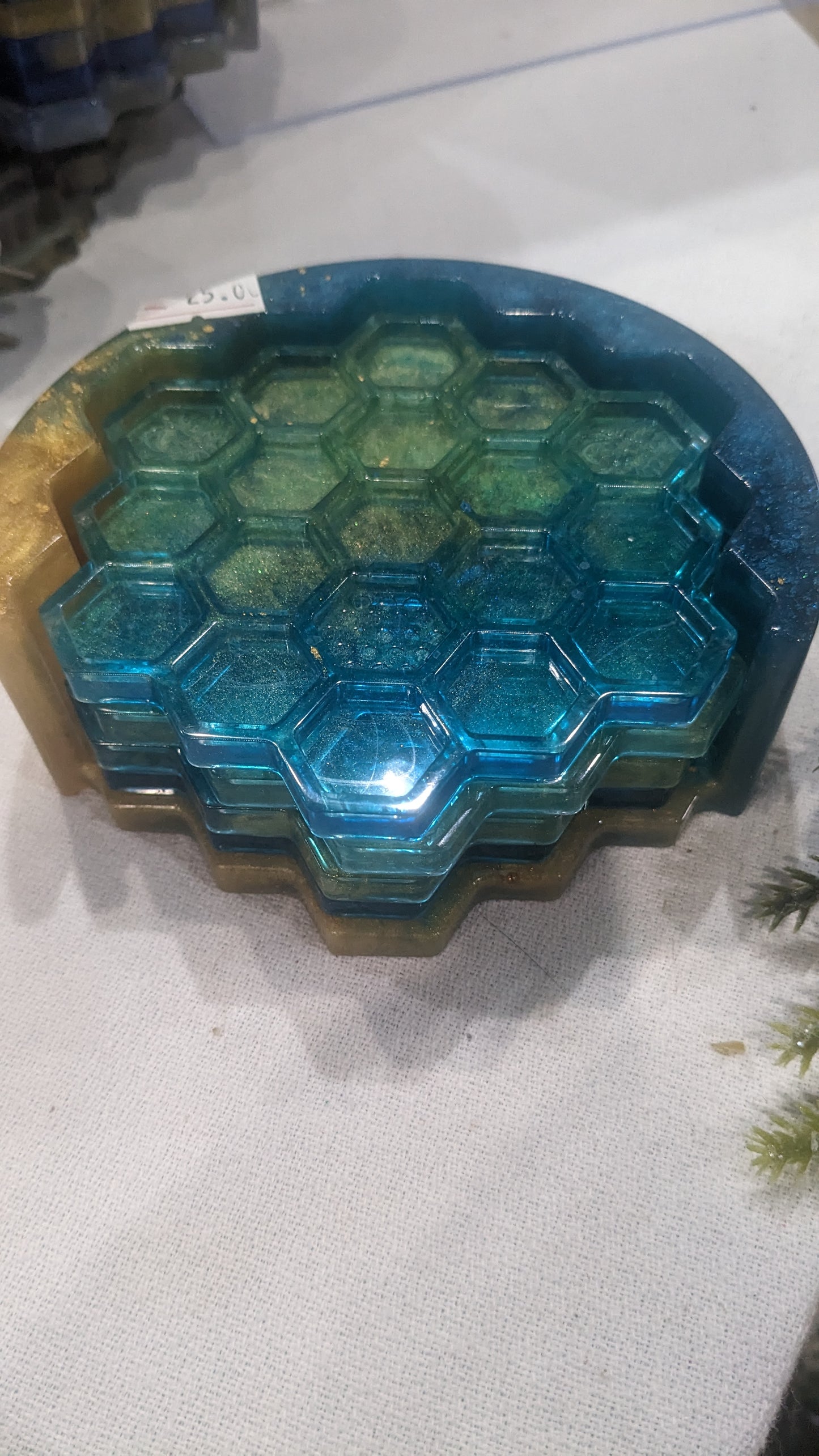 Coaster Set turquoise and gold honeycomb and Bee