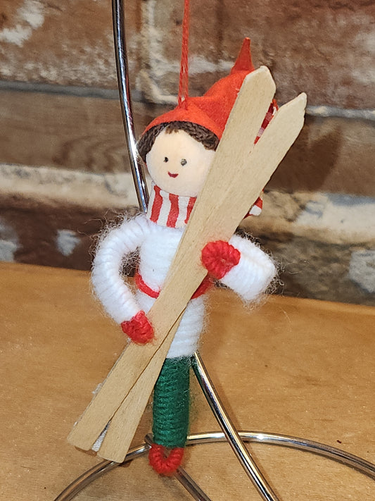 Vintage Fabric & Wood Boy w/Skies Christmas Ornament Germany