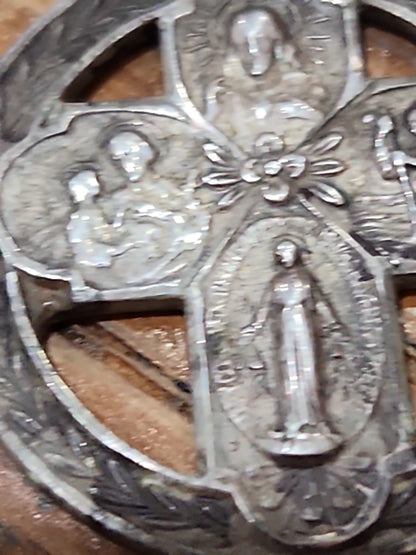 Vintage Sterling Silver Catholic 4 Way Cross Mary Jesus Medal Pendant cm71