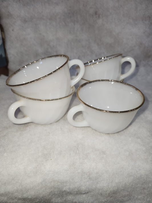 Vintage Fire King White Milk Glass Ribbed Swirl Tea Cup Oven Ware set of 5 fk4