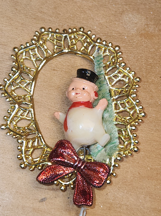 Vintage Commodore Ornament with Celluloid Snowman Chinelle Tree Plastic Bow