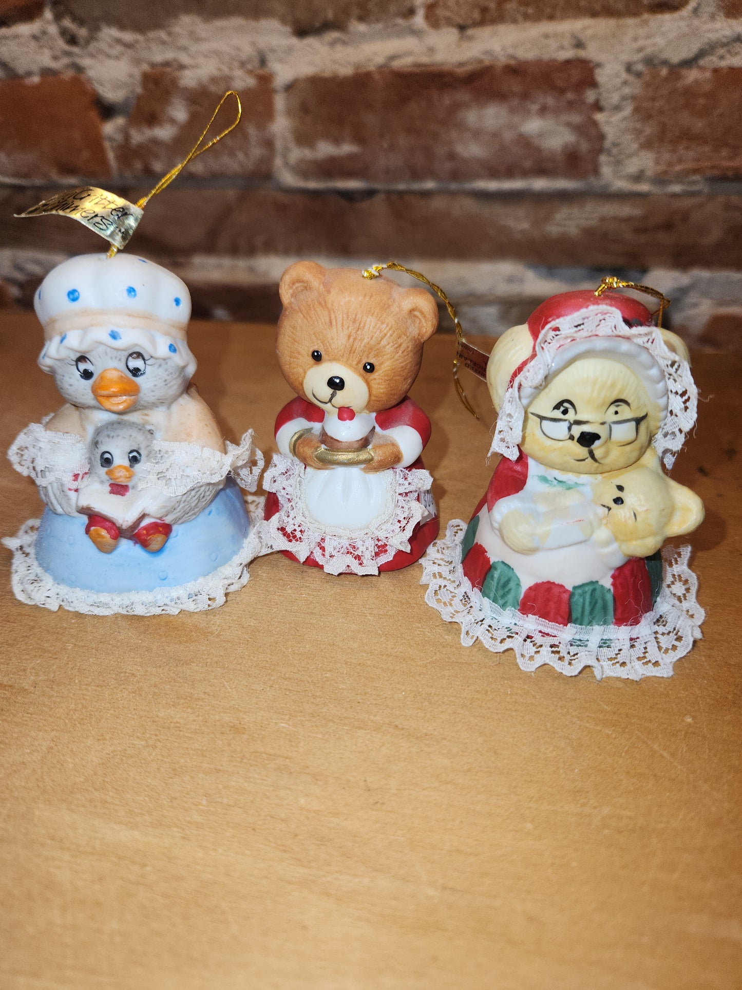 Vintage Jasco L'll Chimers Critter Ornament Bells With Lace Trim Bear Baking, Grandma Bear, Goose porcelain