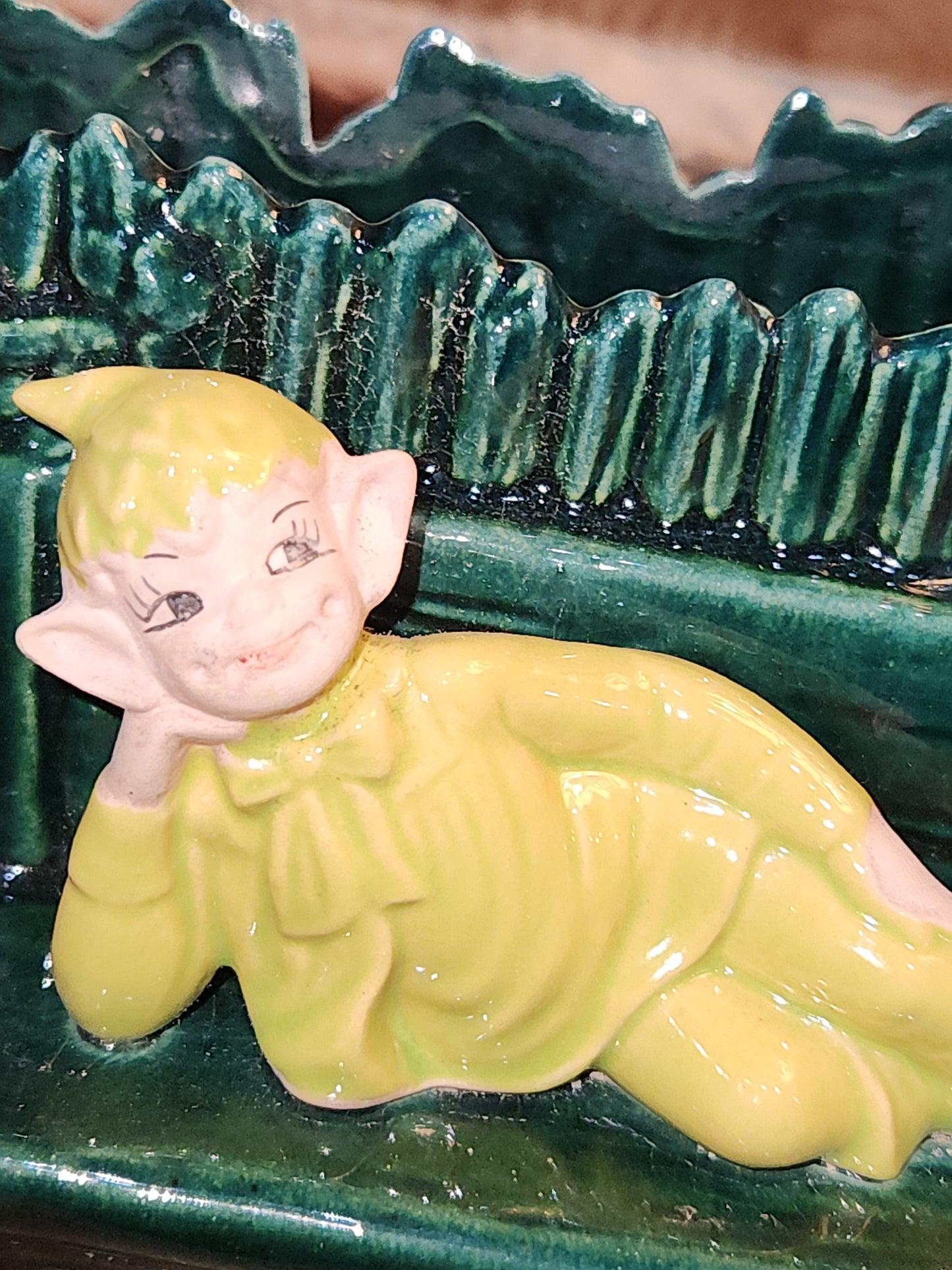 Vintage Gilner Pixie Elf on a Bench in front of a Planter elf5