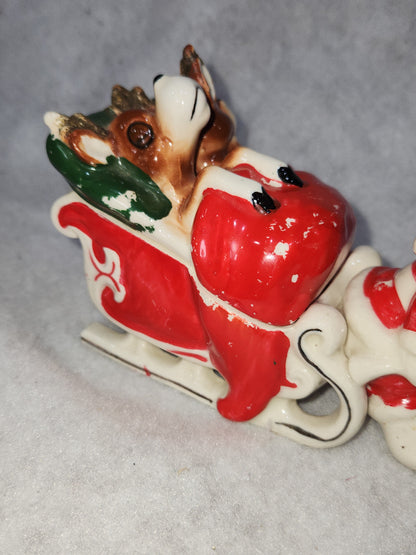 Vintage Kreiss Santa Pulling His Sleigh While his Reindeer are Snoozing inside Sleigh planter candy dish
