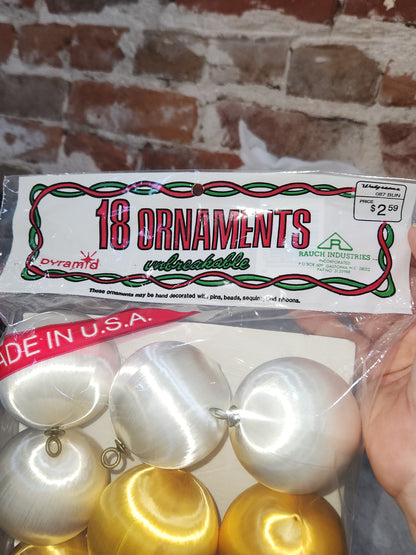 Vintage Pyramid set of 18 Satin unbreakable ornaments 2" unopened NOS bgo8