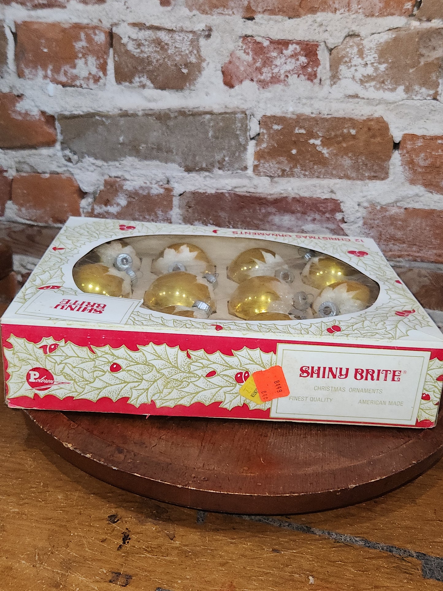 Vintage Shiny Brite 12 2 1/4" Glass Ornaments Gold Snow Capped With Mica bo191