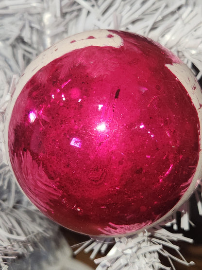 Vintage Shiny Brite Hot Pink Stenciled Church Glass Ornament GLOWS vo17