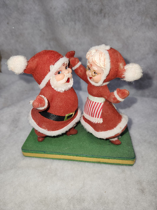 Vintage Mr. And Mrs. Santa Claus Dancing felted or flocked figures  Kitsch MCM