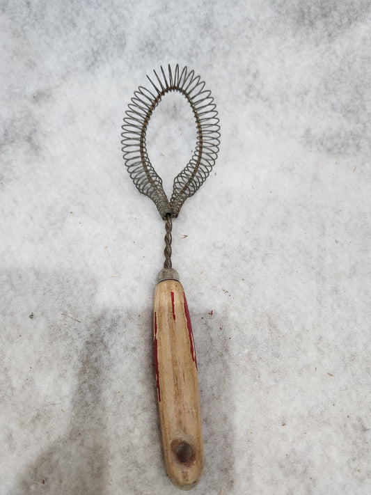 Vintage utensil twisted coiled whisk stainless steel worn red wooden handle kit558
