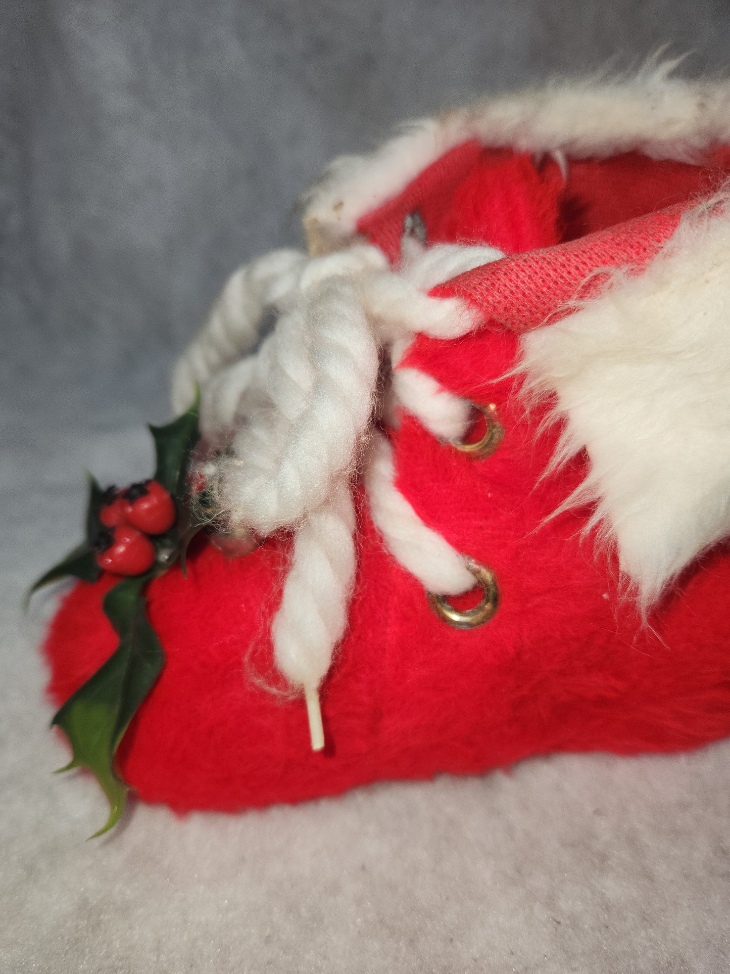 Vintage Red Santa Boot Planter Cover Holly & Bells White Trim ch111