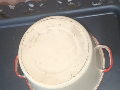 vintage cream and red enamel pot ena23