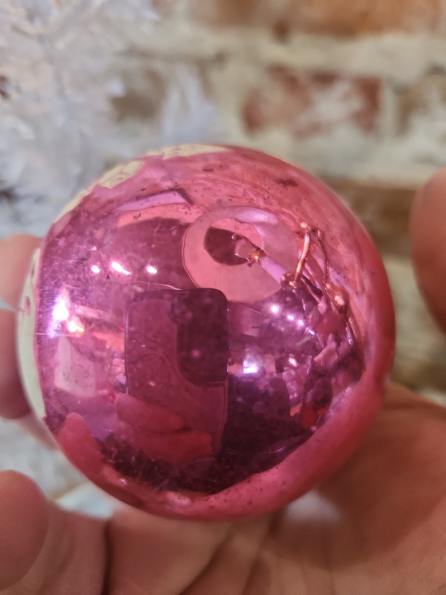 Vintage Shiny Brite Pink Christmas Ornament Stenciled Toy Bear Duck Toy Horse Clown Sailboat GLOWS vo26