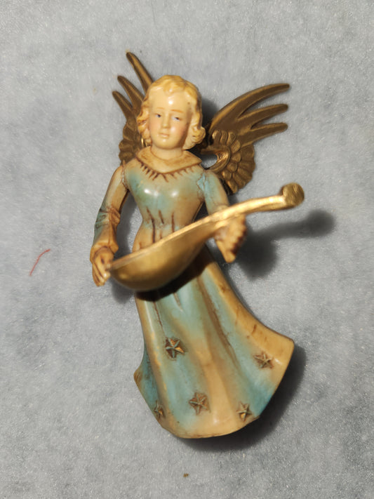 Vintage Angel "Art Plastics" Figurine Gold Wings Mandolin made British Hong Kong ang65