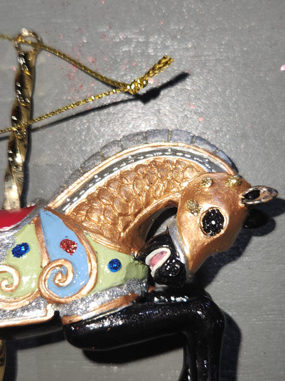 4" Resin Carousel Ornament Black Armored Horse co3