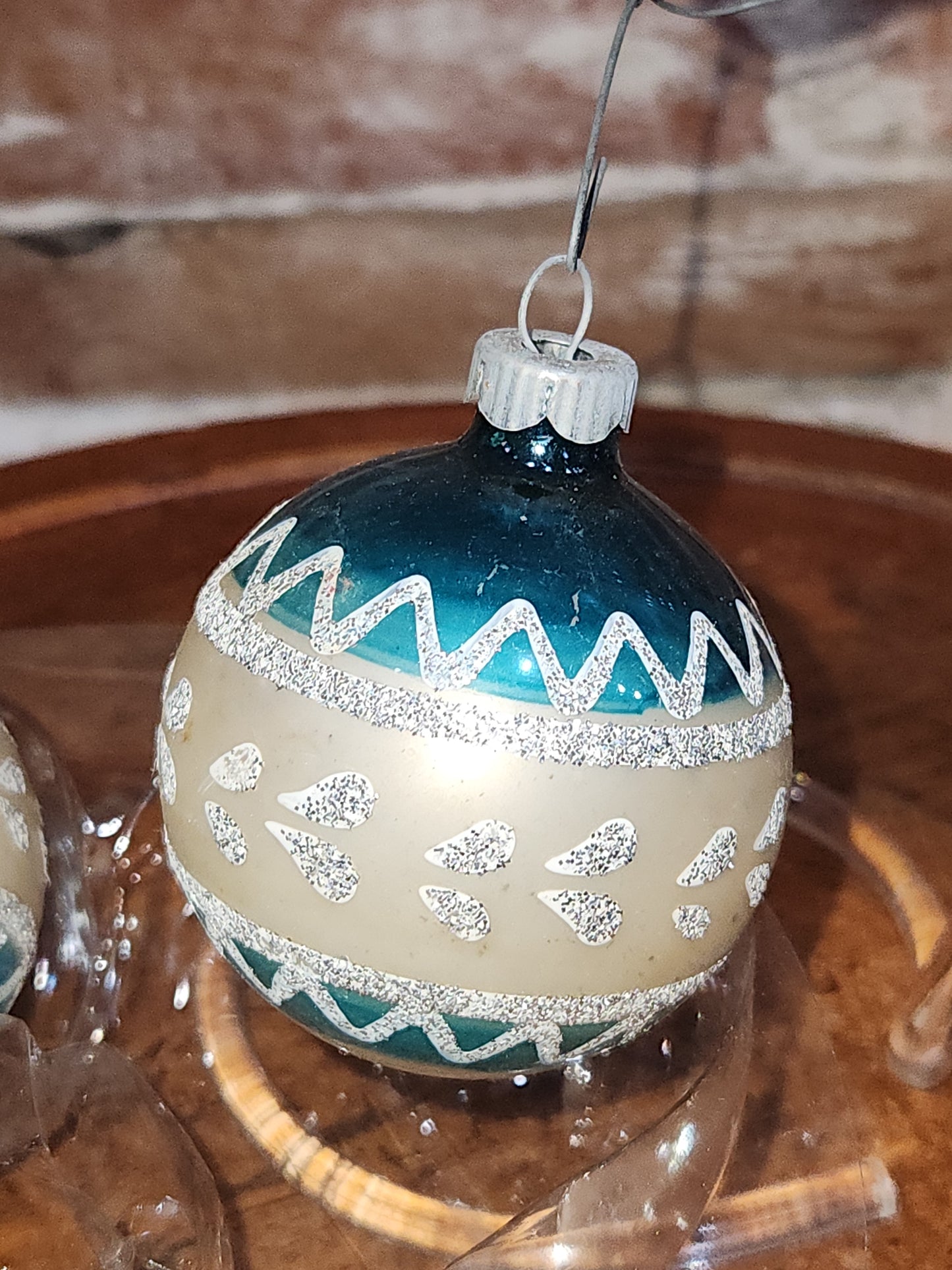 Vintage Shiny Brite Set of 4 Glass Ornaments with Same Design with Silver Stripes and Mica Accents. 2 Matching Gold and 2 Matching Blue sb6