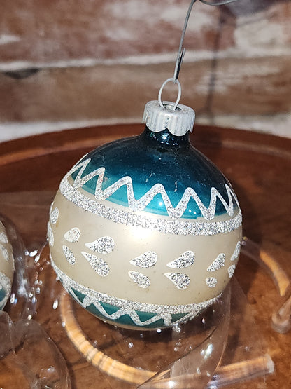 Vintage Shiny Brite Set of 4 Glass Ornaments with Same Design with Silver Stripes and Mica Accents. 2 Matching Gold and 2 Matching Blue sb6