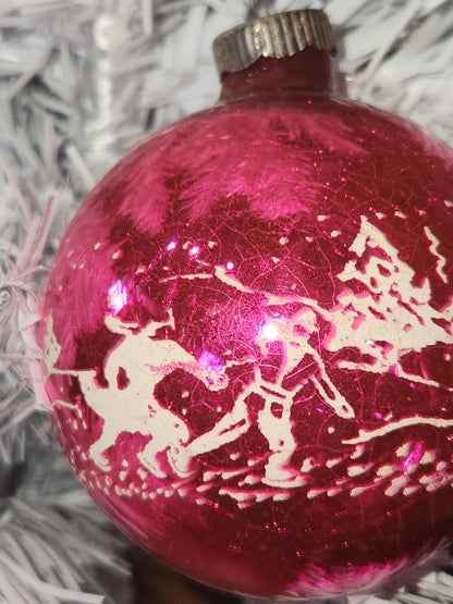 Vintage Shiny Brite Hot Pink Stenciled Ice Skating Glass Ball Ornament GLOWS vo8