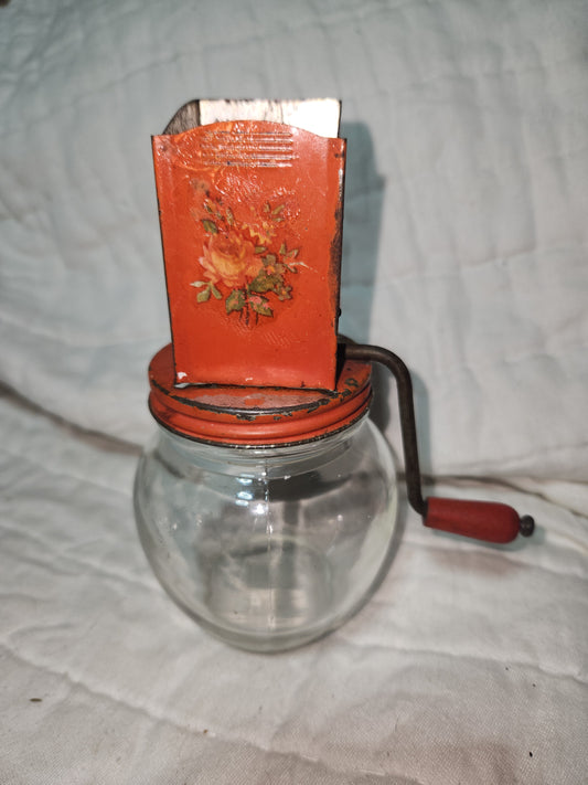 Vintage Hazel Atlas Orange Nut Grinder metal grinder glass bowl marked 5935 flowers