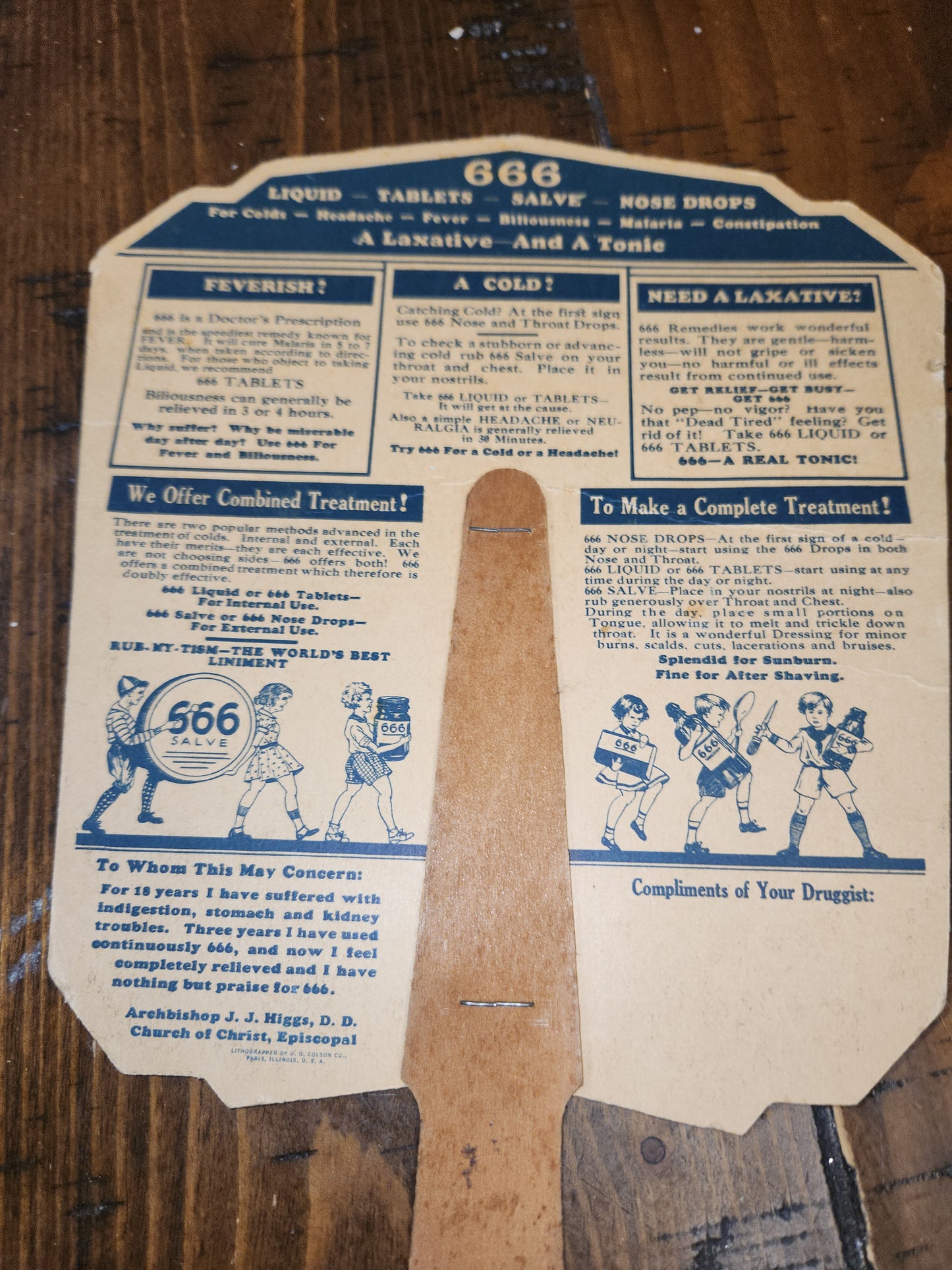 Vintage 666 Quartette Advertising Fan Medicine Liquid Salve Tablets Nose Drops Birds Baby AS IS af2