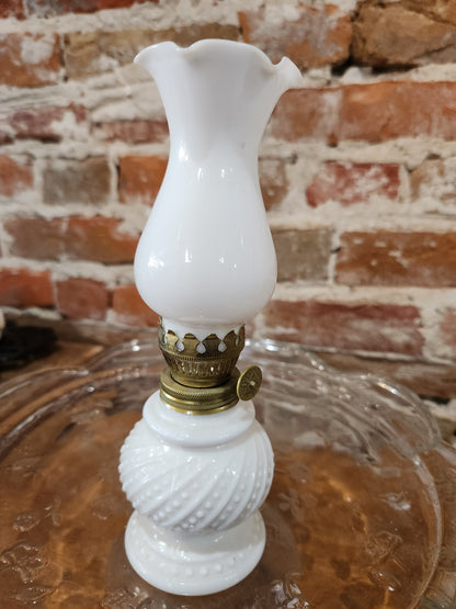 Vintage Enesco Miniature Round Hobnail Milk Glass Oil Lamp 8” lamp4