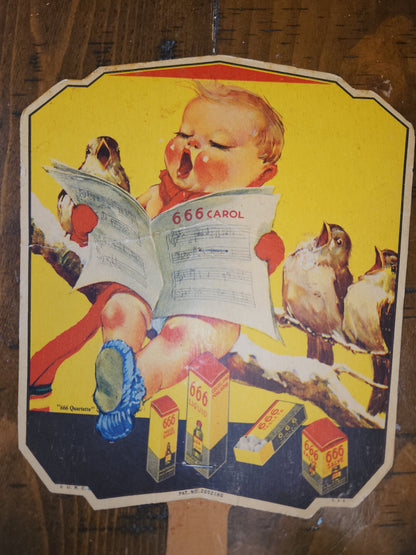 Vintage 666 Quartette Advertising Fan Medicine Liquid Salve Tablets Nose Drops Birds Baby AS IS af2